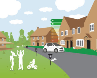 Illustration of a family playing in front of a house development