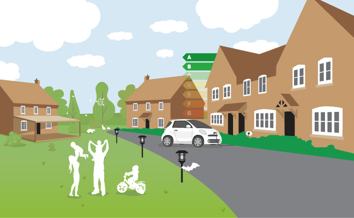 Illustration of a family playing in front of a house development